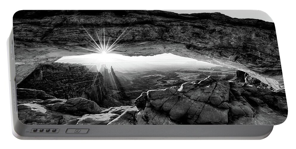 Mesa Arch; Utah; Canyonlands; National Park; Sunrise; Arch; Red; Brown; Desert; Butte; Dawn; Morning; Remote; Beauty; Sun; Sunburst; Rays; Sunlight Glowing Portable Battery Charger featuring the digital art Supernatural West - Mesa Arch Sunburst in Black and White by OLena Art by Lena Owens - Vibrant DESIGN
