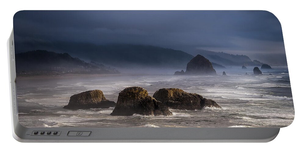 Cannon Beach Portable Battery Charger featuring the photograph Surf and Sea Stacks by Robert Potts