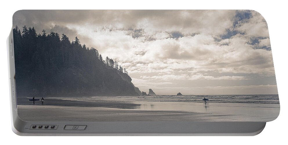 Oregon Portable Battery Charger featuring the photograph Surfers on a Misty Beach by Diana Powell
