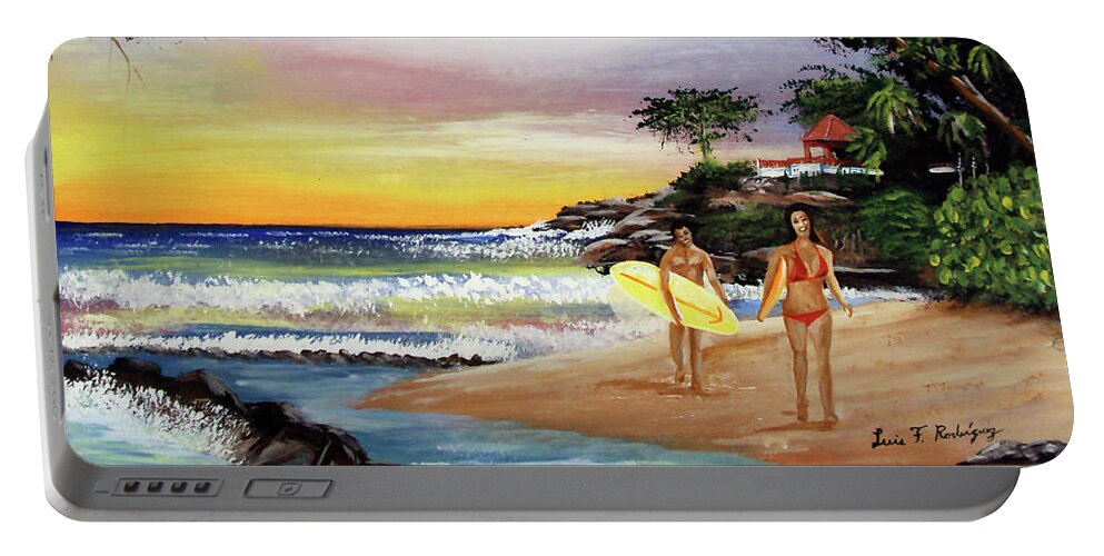 Surfing Portable Battery Charger featuring the painting Surfing In Rincon by Luis F Rodriguez