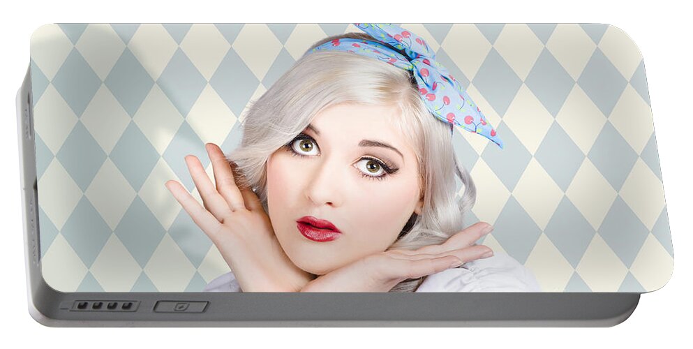 Girl Portable Battery Charger featuring the photograph Surprised pin up woman with perfect makeup by Jorgo Photography