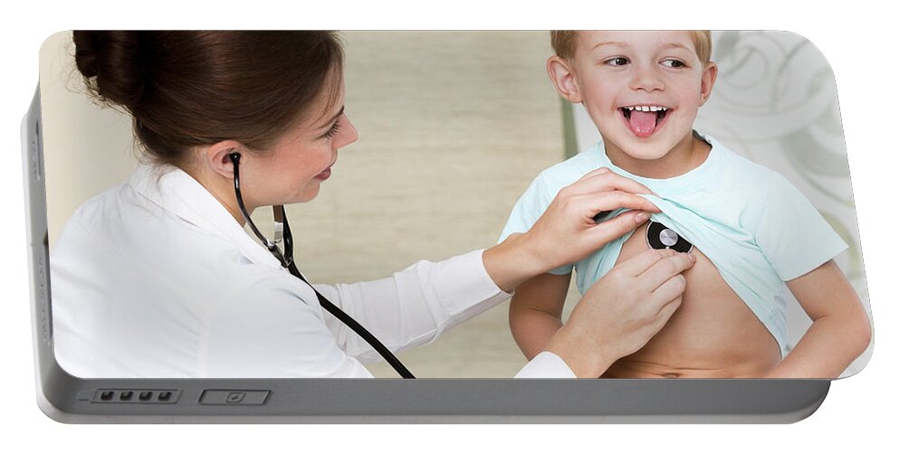 At Work Portable Battery Charger featuring the photograph Sweet child visiting doctor by Anna Om