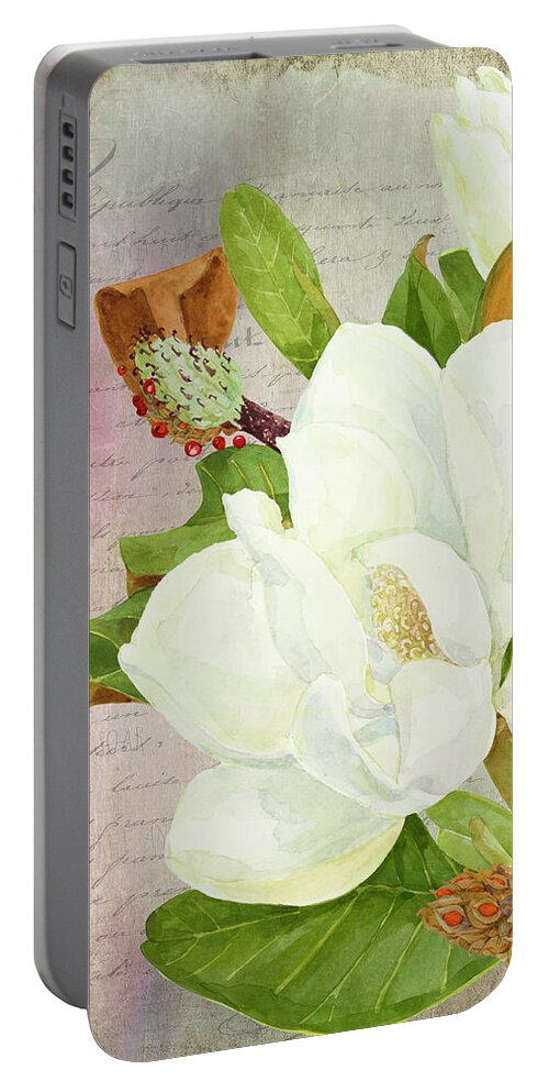 White Magnolias Portable Battery Charger featuring the mixed media Sweet Magnolias by Colleen Taylor