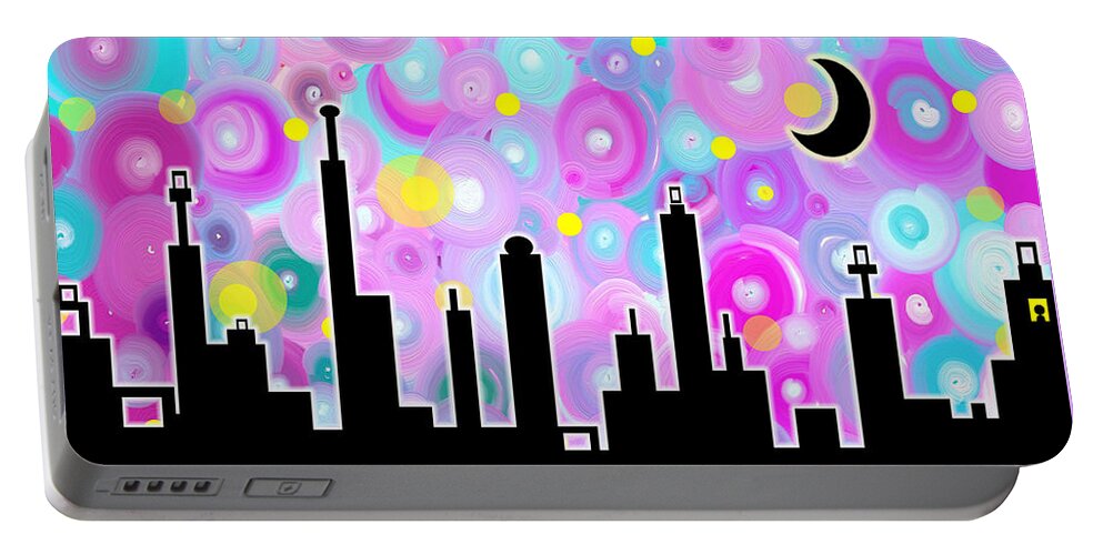 Colorful Portable Battery Charger featuring the painting Swirly Metropolis by Shawna Rowe