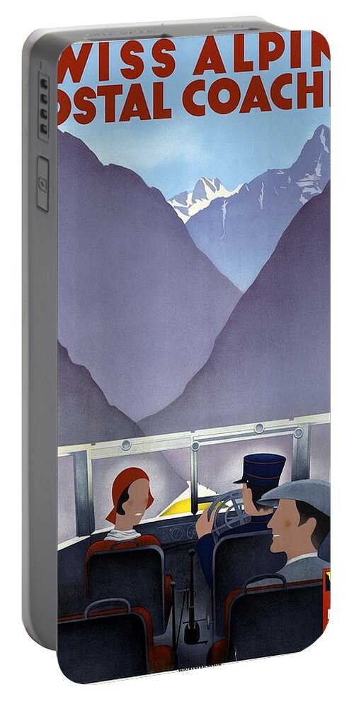 Swiss Portable Battery Charger featuring the mixed media Swiss Alpine Postal Coaches - Switzerland - Retro travel Poster - Vintage Poster by Studio Grafiikka