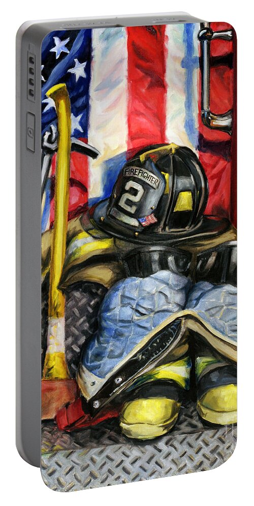 Firefighting Portable Battery Charger featuring the painting Symbols Of Heroism by Paul Walsh