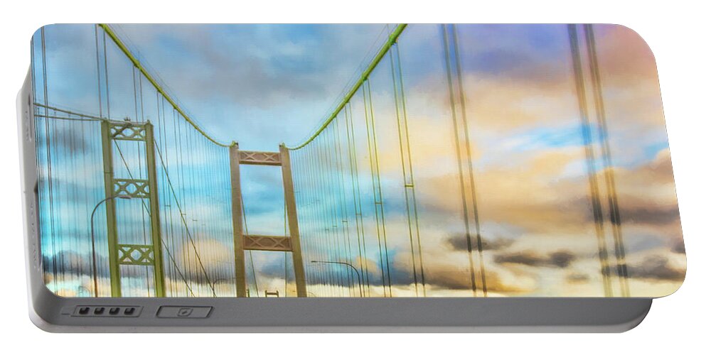 Washington Portable Battery Charger featuring the digital art Tacoma Narrows Bridge by Jean OKeeffe Macro Abundance Art