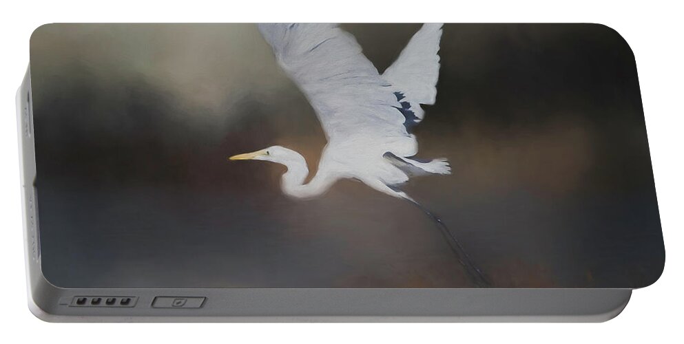 Egret Portable Battery Charger featuring the mixed media Taking Flight by Teresa Wilson