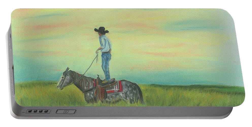 Horse Portable Battery Charger featuring the pastel Tall in the Saddle by Sheila Johns