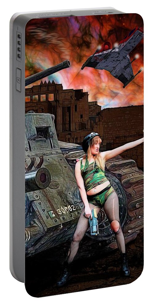Fantasy Portable Battery Charger featuring the painting Tank Girl in Action by Jon Volden