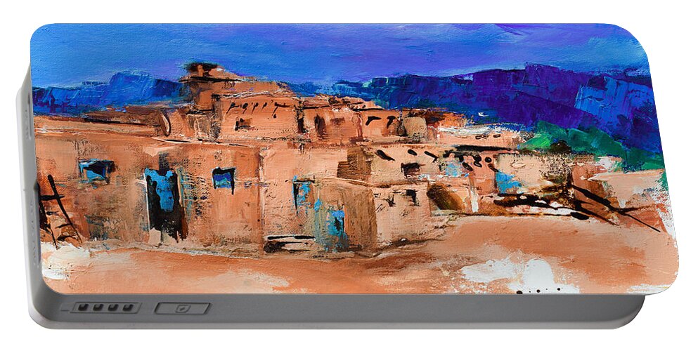 Taos Portable Battery Charger featuring the painting Taos Pueblo Village by Elise Palmigiani