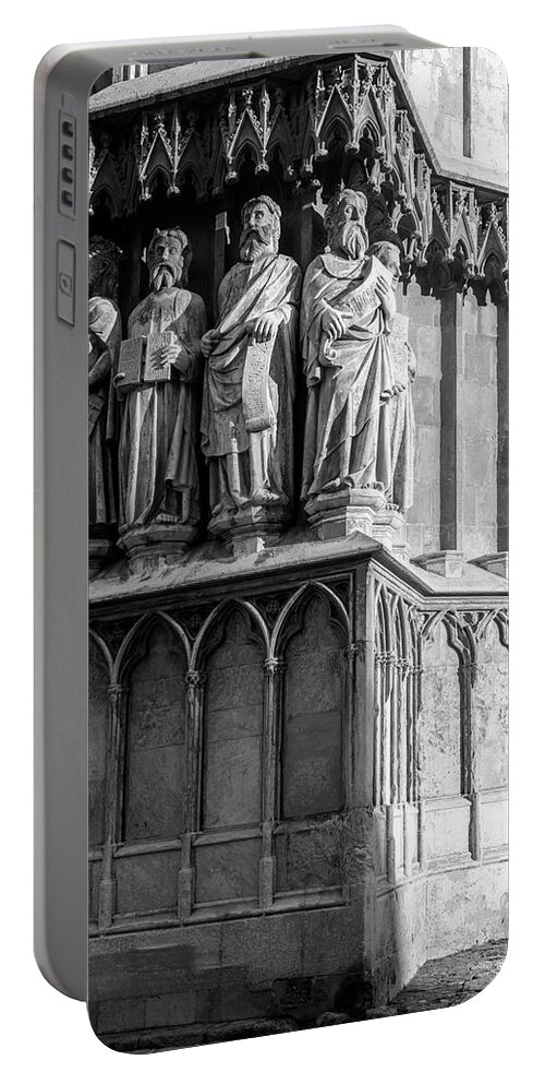 Joan Carroll Portable Battery Charger featuring the photograph Tarragona Spain Cathedral Statues BW by Joan Carroll