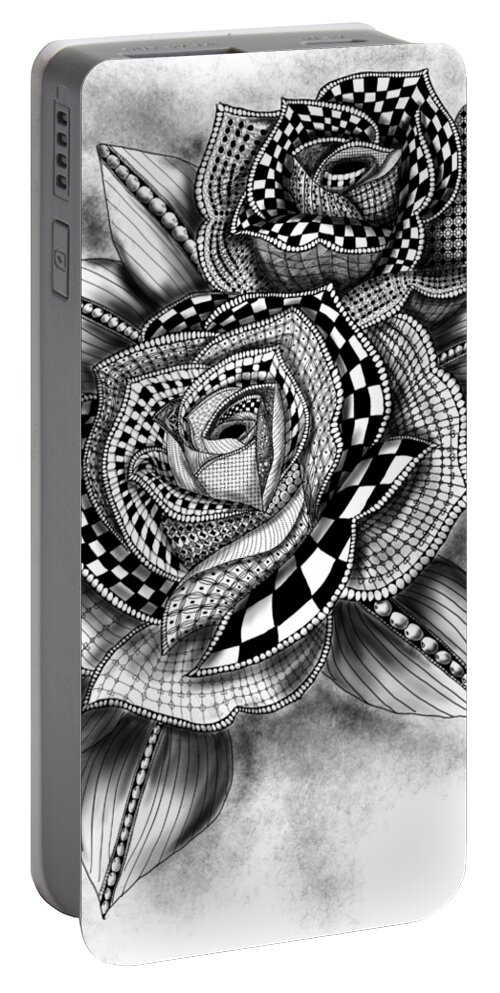 Tattoo Rose. Rose Portable Battery Charger featuring the drawing Tattoo Rose Greyscale by Becky Herrera