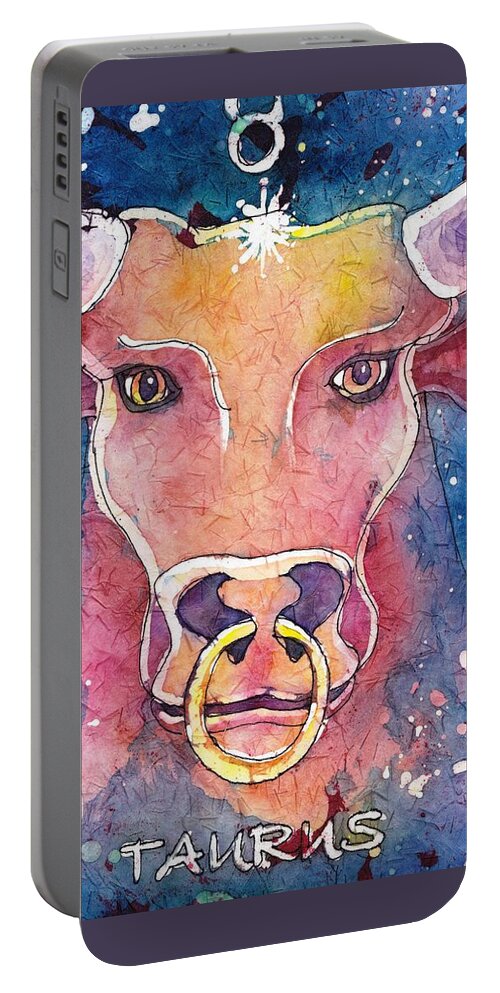 Zodiac Portable Battery Charger featuring the painting Taurus by Ruth Kamenev
