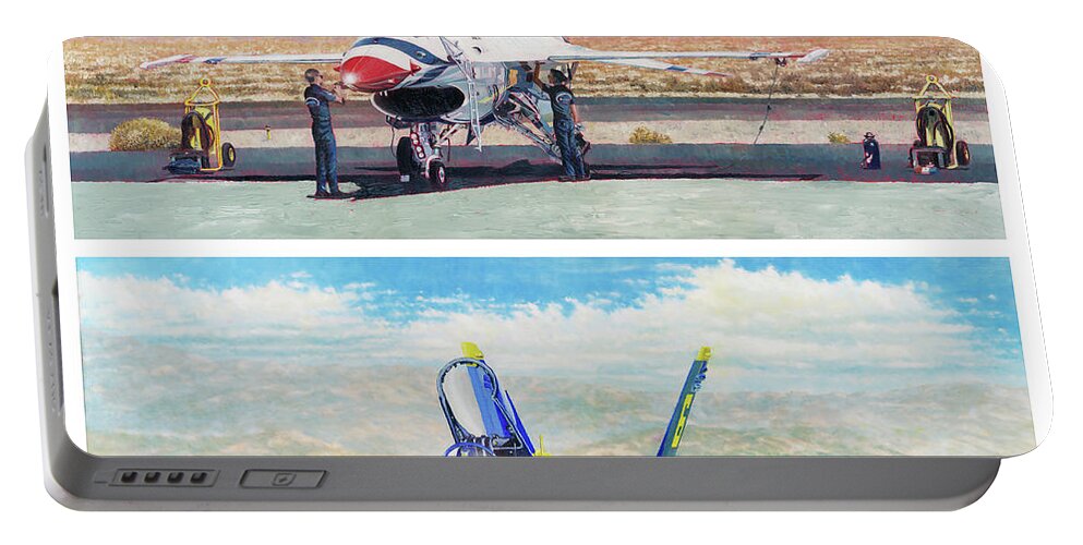 Aviation Art Portable Battery Charger featuring the painting Tbirds and Angels Maintenance by Douglas Castleman