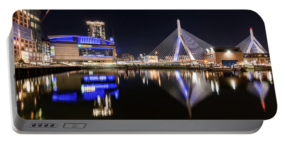 Boston Portable Battery Charger featuring the photograph TD Garden and The Zakim Bridge at Night by Kristen Wilkinson