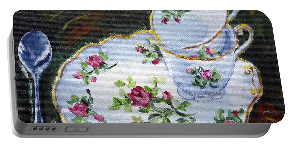 Cups And Saucer Portable Battery Charger featuring the painting Tea Set by Ingrid Dohm