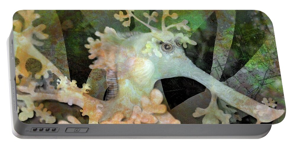 Seadragon Portable Battery Charger featuring the digital art Teal Leafy Sea Dragon by Sand And Chi