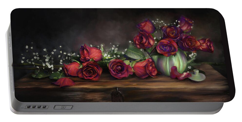 Digital Painting Portable Battery Charger featuring the digital art Teapot Roses by Susan Kinney