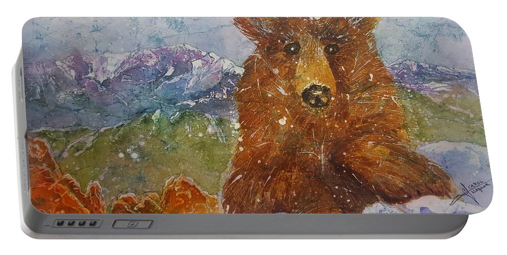 Garden Of The Gods Portable Battery Charger featuring the painting Teddy wakes up in the most desireable city in the nation by Carol Losinski Naylor