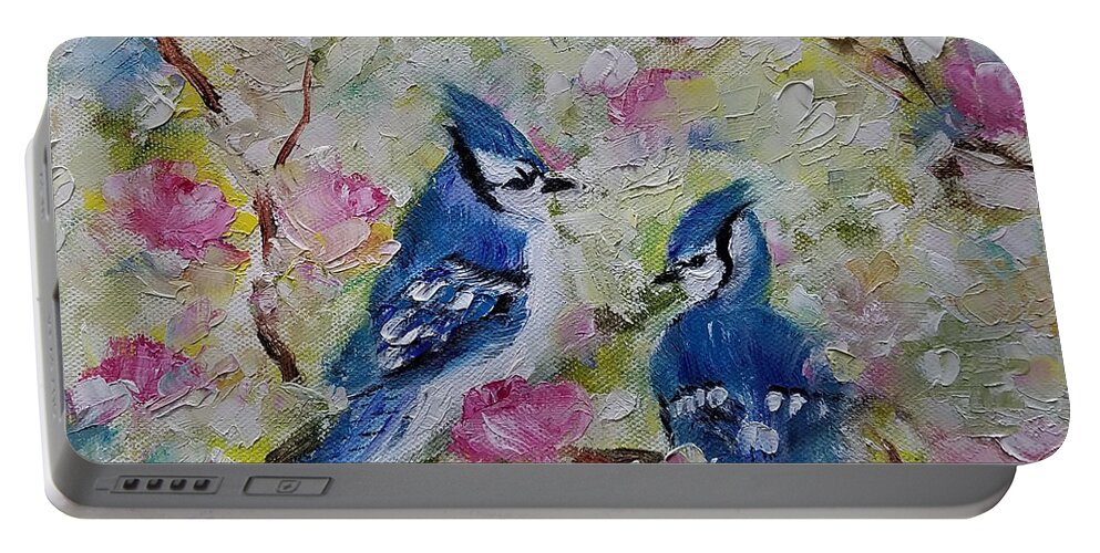 Blue Jay Portable Battery Charger featuring the painting Tell Me by Judith Rhue