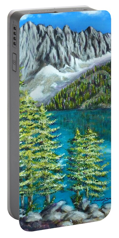 Temple Crag In Big Pines Lake Portable Battery Charger featuring the painting Temple Crag by Amelie Simmons
