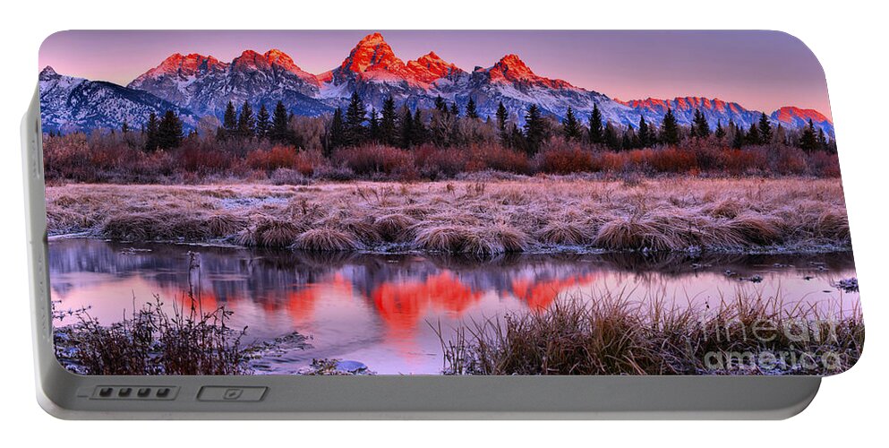 Grand Teton National Park Portable Battery Charger featuring the photograph Teton Reflections In The Frosted Willows by Adam Jewell