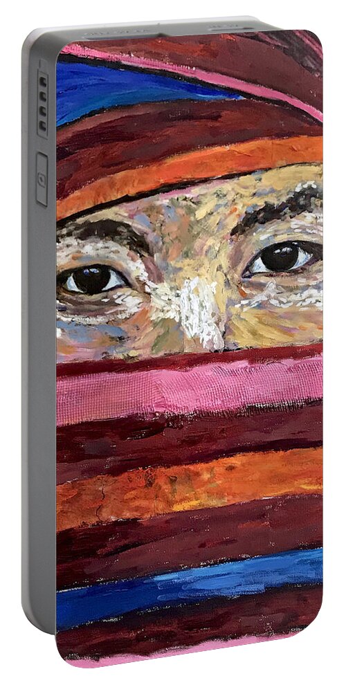 Burma Portable Battery Charger featuring the mixed media Textile Eyes by Michael Cinnamond