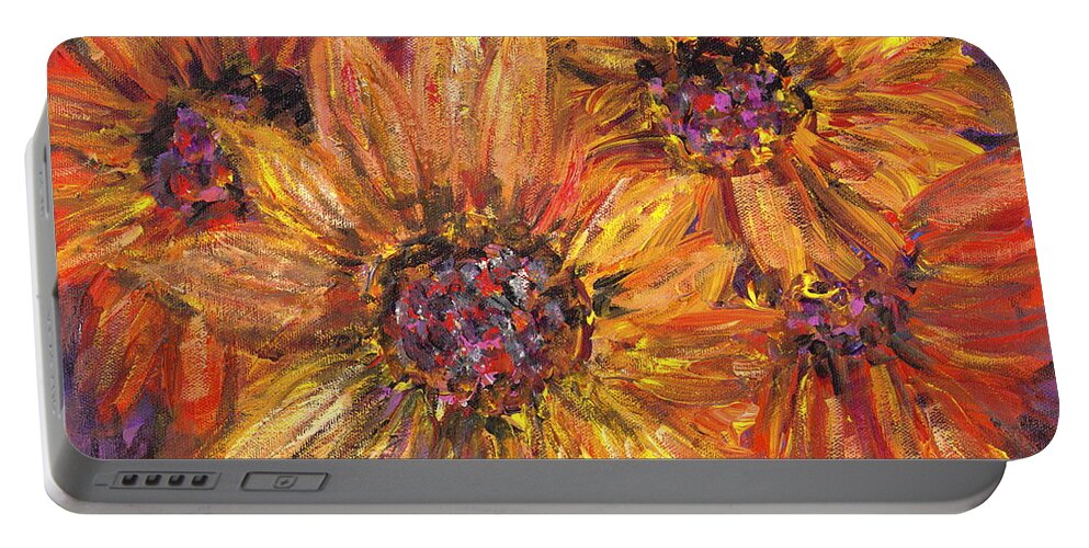 Yellow Portable Battery Charger featuring the painting Textured Gold and Red Sunflowers by Nadine Rippelmeyer