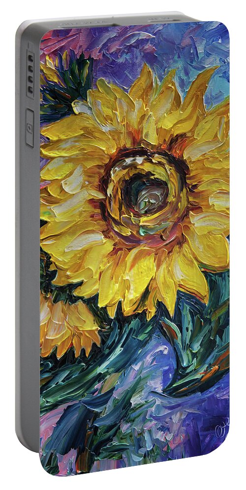 Olena Art Portable Battery Charger featuring the painting That Sunflower From The Sunflower State Palette Knife Technique by OLena Art