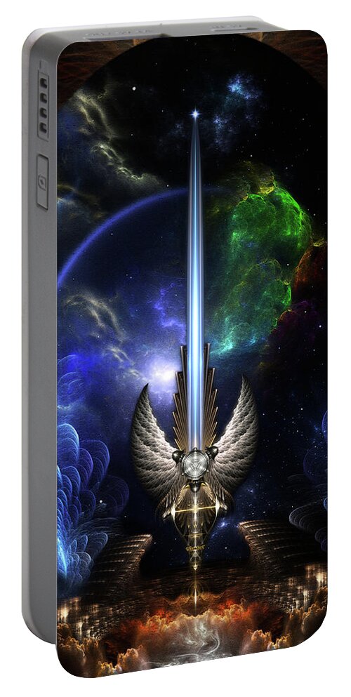 Angel Wing Sword Of Arkledious Portable Battery Charger featuring the digital art The Angel Wing Sword Of Arkledious Space Fractal Art Composition by Rolando Burbon