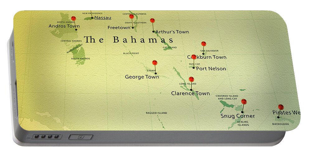 Cartography Portable Battery Charger featuring the digital art The Bahamas Map Square Cities Straight Pin Vintage by Frank Ramspott