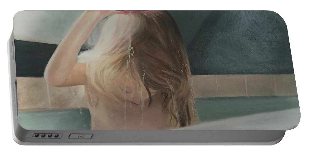 Child; Water; Bathing; Tub; Contemplation; Hair; Pouring Water Portable Battery Charger featuring the painting The Bath by Marg Wolf