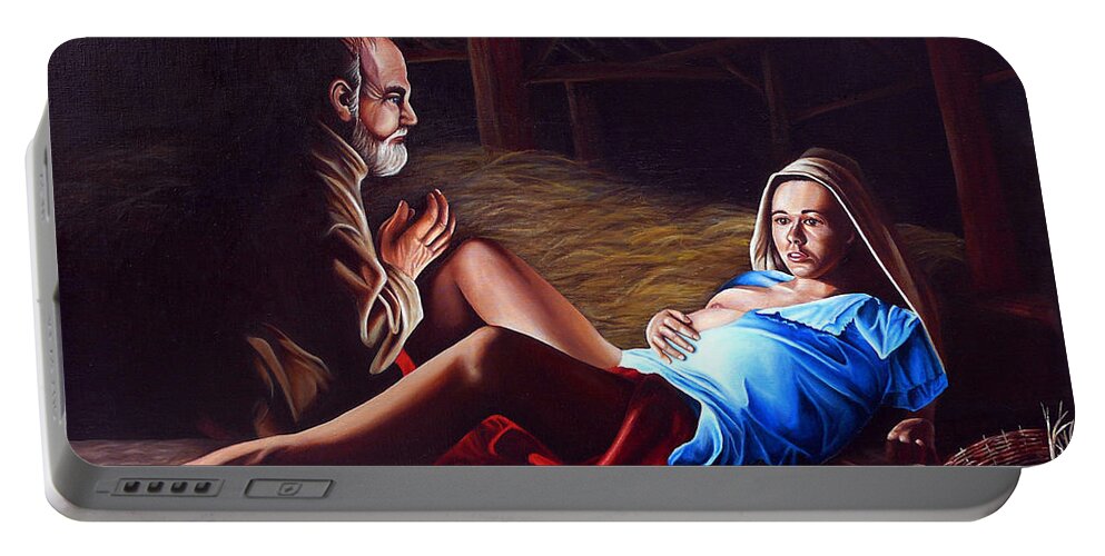 Virgin Mary Portable Battery Charger featuring the painting The Birth by Vic Ritchey