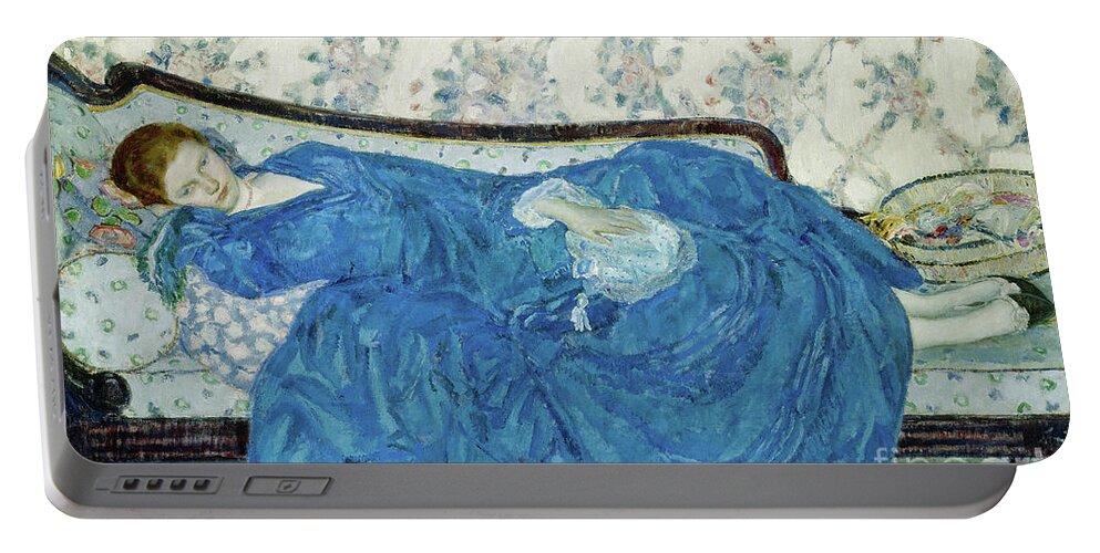 Frieseke Portable Battery Charger featuring the painting The Blue Gown, 1917 by Frederick Carl Frieseke