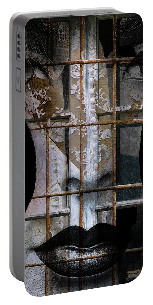 Collage Portable Battery Charger featuring the digital art The bride behind the old window by Gabi Hampe