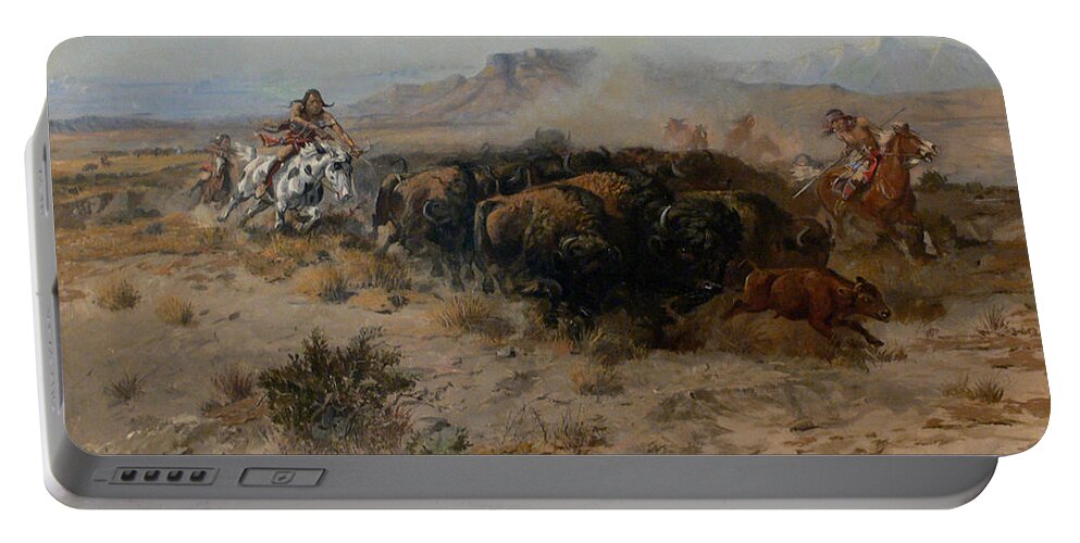 Charles Russell Portable Battery Charger featuring the digital art The Buffalo Hunt by Charles Russell