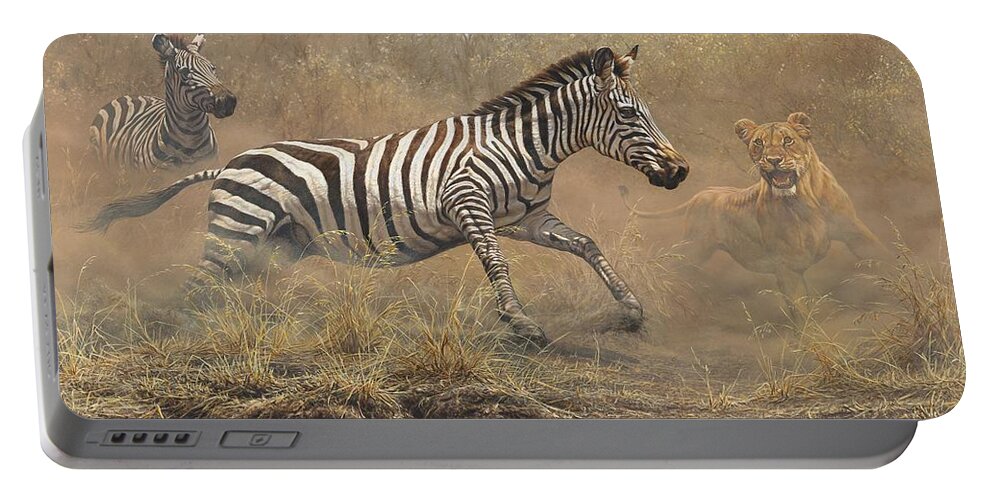 Lion Portable Battery Charger featuring the painting The Chase by Alan M Hunt