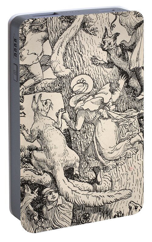 Walter Crane Portable Battery Charger featuring the drawing The Children climbed the Christmas tree with animals and all by Walter Crane