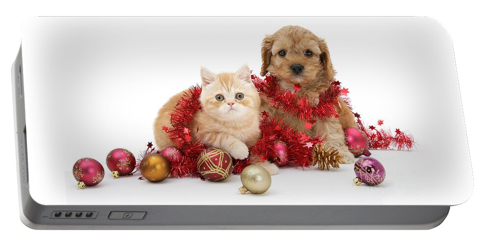 Golden Cockapoo Portable Battery Charger featuring the photograph The Christmas tree Destroyers by Warren Photographic