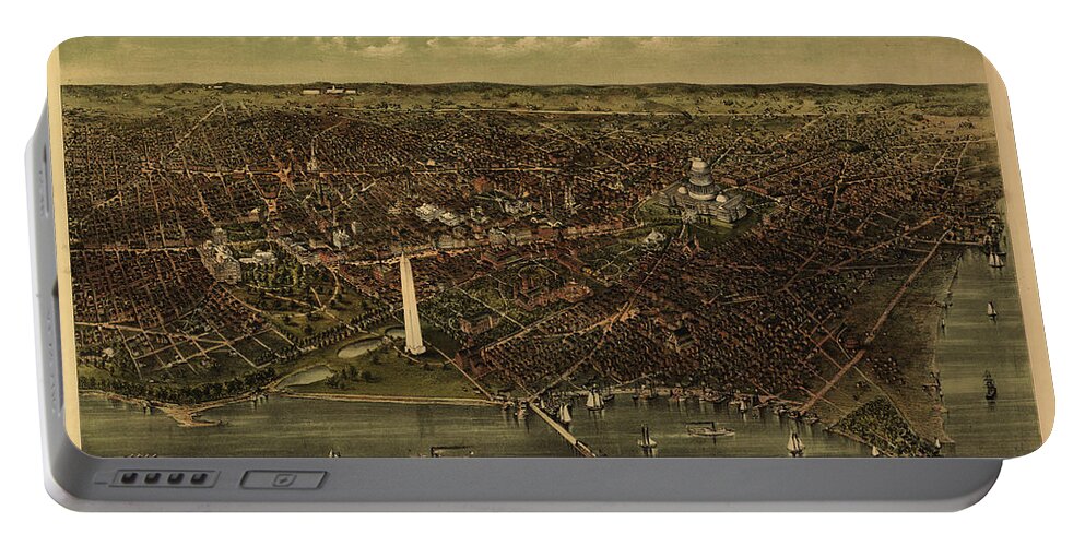 Bird's Eye View Portable Battery Charger featuring the painting The City of Washington Birds-Eye view from the Potomac-looking North by Currier