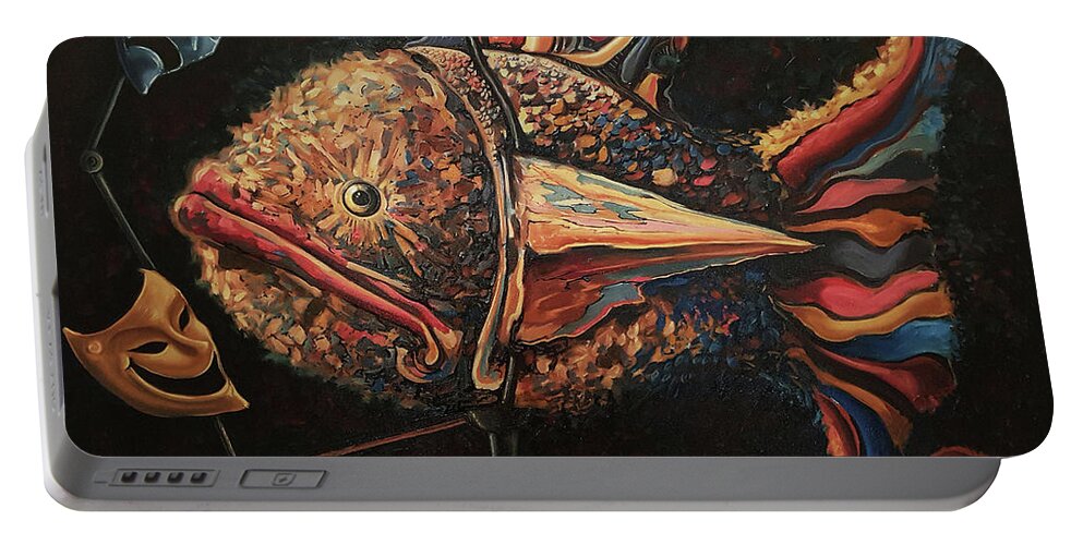Surrealism Portable Battery Charger featuring the painting The conquerors' intrigue by Darwin Leon