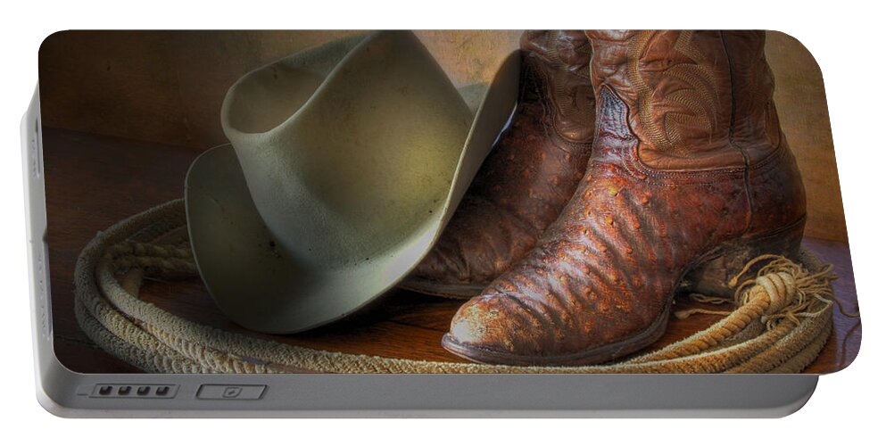 American Cowboy Portable Battery Charger featuring the photograph The Cowboy Boots, Hat and Lasso by David and Carol Kelly