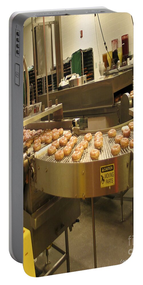 Doughnut; Donut. Pastry; Food; Treat; Sweet Treat; Donut War; Machine; Automation; Sticky; Bakery; Hot; Culinary; Culinary Arts; Photo; Dessert; Yummy; Sugar; Food Photo; Card; Greeting Card; Artist Card Portable Battery Charger featuring the photograph A Sweet Treat Addiction Doughnut Machine War by Carol F Austin