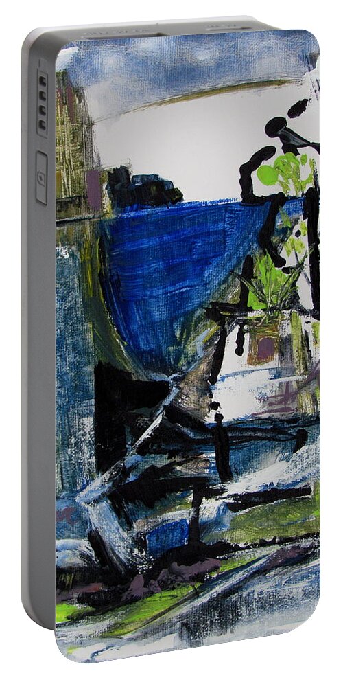 Abstract With Blue And White Portable Battery Charger featuring the painting The Elements by Betty Pieper