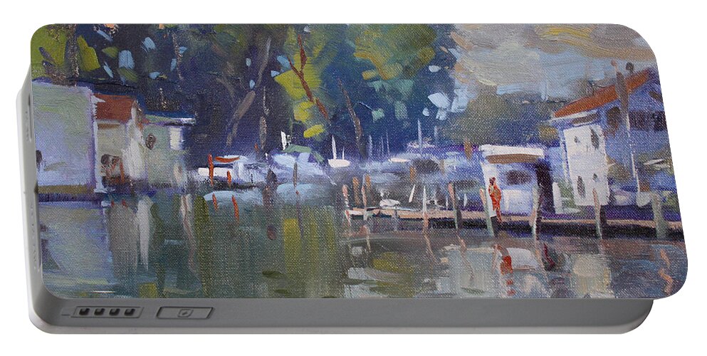 Boat Houses Portable Battery Charger featuring the painting The End of a Beautiful Day by the Boat Houses by Ylli Haruni