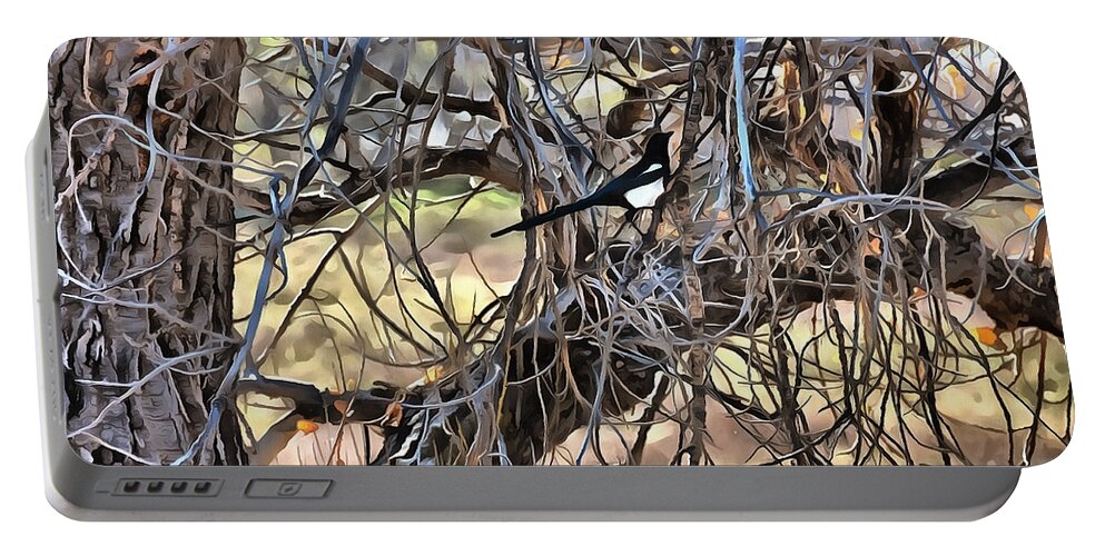 Colorado Portable Battery Charger featuring the mixed media The Fall Magpie 2 by Angelina Tamez