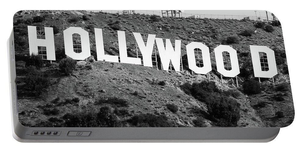 Famous Hollywood Sign Portable Battery Charger featuring the photograph The Famous Hollywood Sign in Hollywood California in Black and White by Gregory Ballos