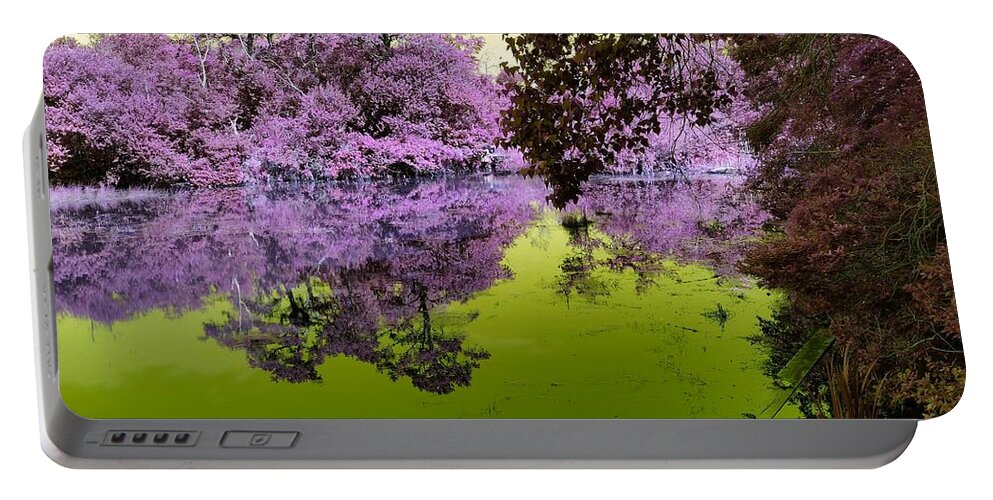 Fantasy Portable Battery Charger featuring the mixed media The Fantasy Pond by Stacie Siemsen