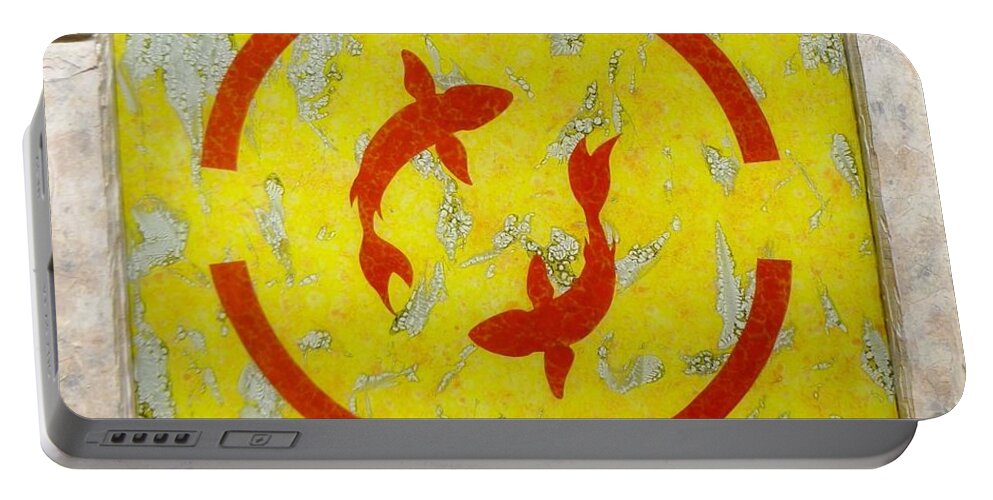 Yellow Portable Battery Charger featuring the glass art The Fishes by Christopher Schranck